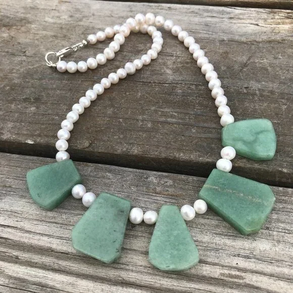Genuine Natural Jade Nephrite Pearl Cleopatra Necklace Sterling Silver 925
